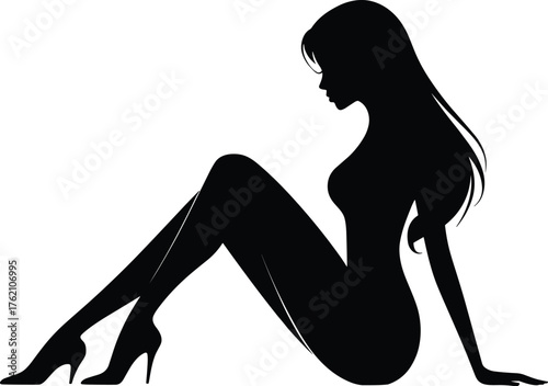 Sensual Woman Silhouette Sitting Pose High Heels Elegant Female Figure Outline Design Element