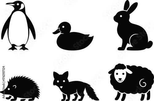 Animal Icon Collection Featuring Penguin Duck Rabbit Hedgehog Fox Sheep Silhouettes Translucent Backdrop