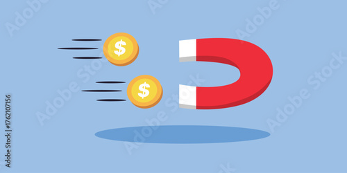 Magnet attracting gold dollar coins financial concept, ideal visual metaphor for finance, economics, success, and business strategy content