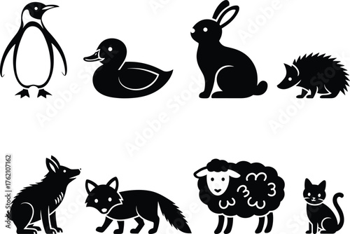 Assorted Animal Icons Set Including Penguin Duck Rabbit Hedgehog Fox Sheep Cat Silhouettes Translucent Backdrop