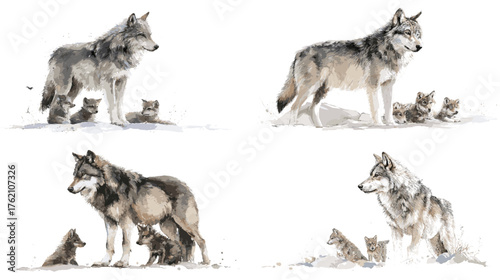 Watercolor painting of wolf family in natural setting. Detailed fur texture and soft winter tones, symbolizing protection and unity. Perfect for wildlife art, decor, or educational projects.