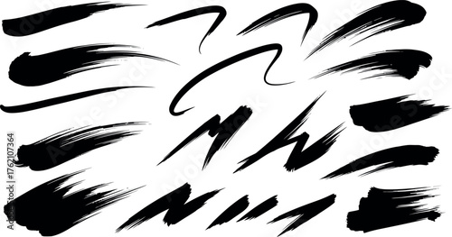 Collection of black ink brush strokes and splatters for artistic backgrounds and textures design elements