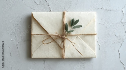 An overhead view of a handcrafted, folded paper envelope tied with twine and adorned with green leaves on a textured, white surface