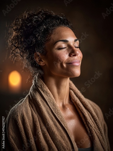Woman relaxing in candle-lit steam sauna with soft reflections