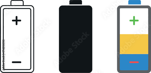 Three battery icons showing different charge levels empty full and partially charged vector