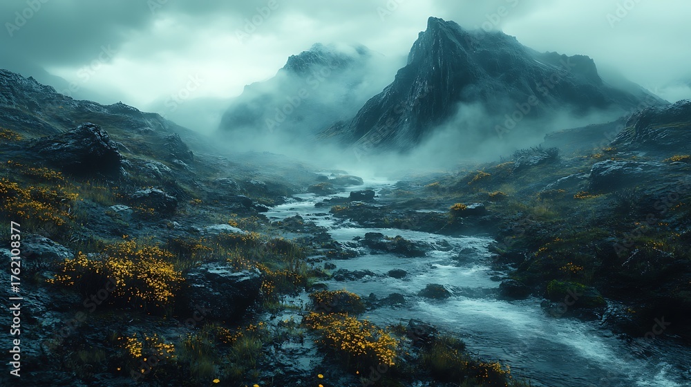 Obraz premium Misty mountain valley landscape