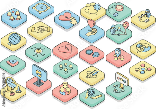 Charity and Donation Icons on Colored Post-it Notes. Vector Symbols for Blood Drive, Global Aid, and Financial Support Mockup