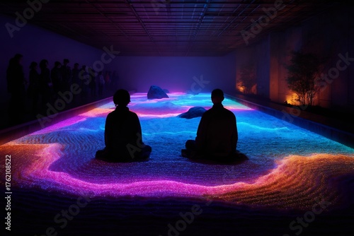 Meditation zen garden glowing light therapy mindfulness retreat spiritual wellness guided meditation space art