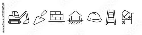 Construction tools and equipment icons in linear style