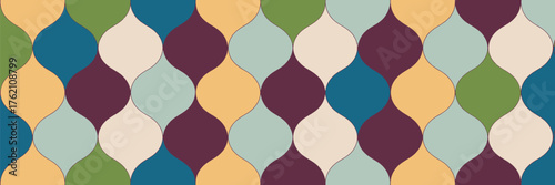 A seamless pattern featuring a repeating design of stylized teardrop shapes in various color combinations