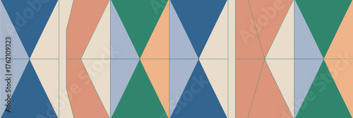 Abstract geometric pattern with diamond shapes in blue green and peach colors arranged symmetrically