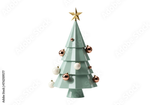 Isolated Christmas tree with ornaments and star decoration on top for seasonal holiday