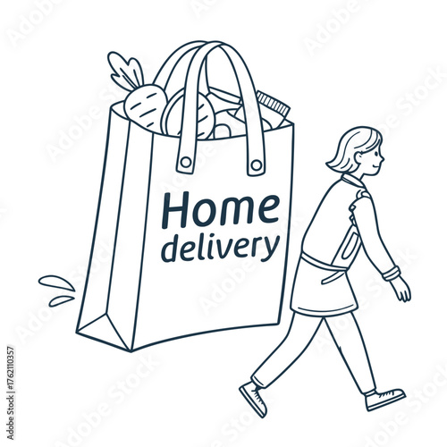 Illustration of a person carrying a large home delivery grocery bag filled with produce, symbolizing convenient food service and grocery shopping
