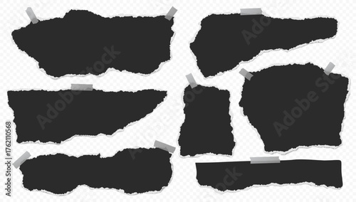 Set of torn black note paper pieces with sticky tape are on transparent background for text, notes or ad.