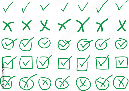 Collection of green handdrawn checkmarks, crosses, and circles isolated on white background
