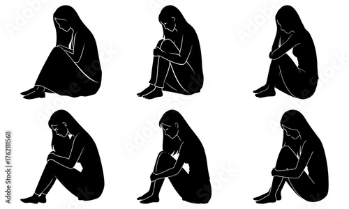 Silhouette of a woman in various seated positions