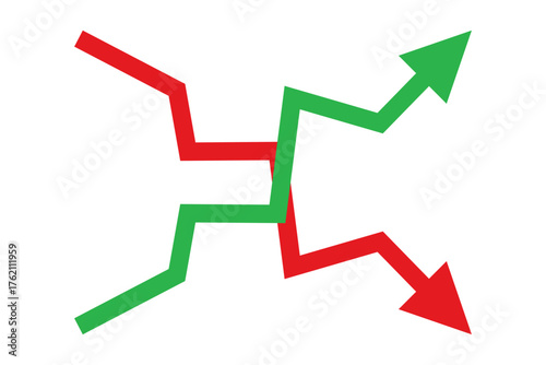 Graph going Up and Down sign with green and red arrows vector. Flat design vector illustration concept of sales bar chart symbol icon with arrow moving down and sales bar chart with arrow moving up.