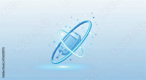 Blue insulin syringe with orbiting rings on a light blue background for World Diabetes Day