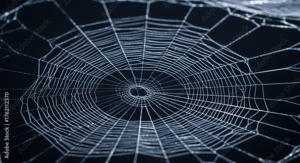 Obraz premium Intricate spider web with dew on dark background