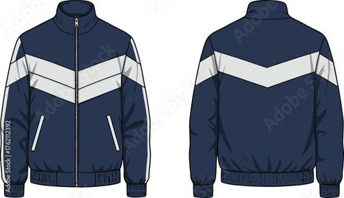 Sporty navy blue zip up jacket vector illustration with white chevron design, high collar, elastic cuffs, waistband, and pockets