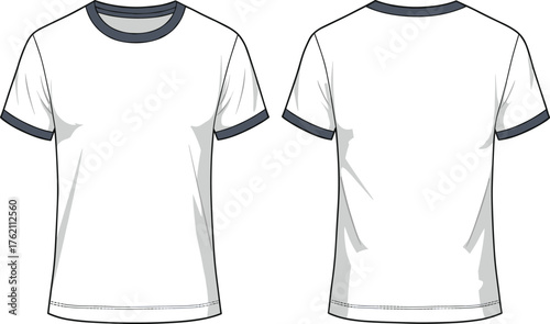 Plain white short sleeve t shirt front and back view with dark trim neckline and cuffs isolated vector fashion illustration design