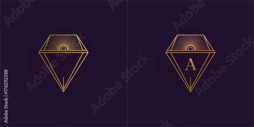 Vector art of two golden diamond geometric logos, one with initial a, on dark background