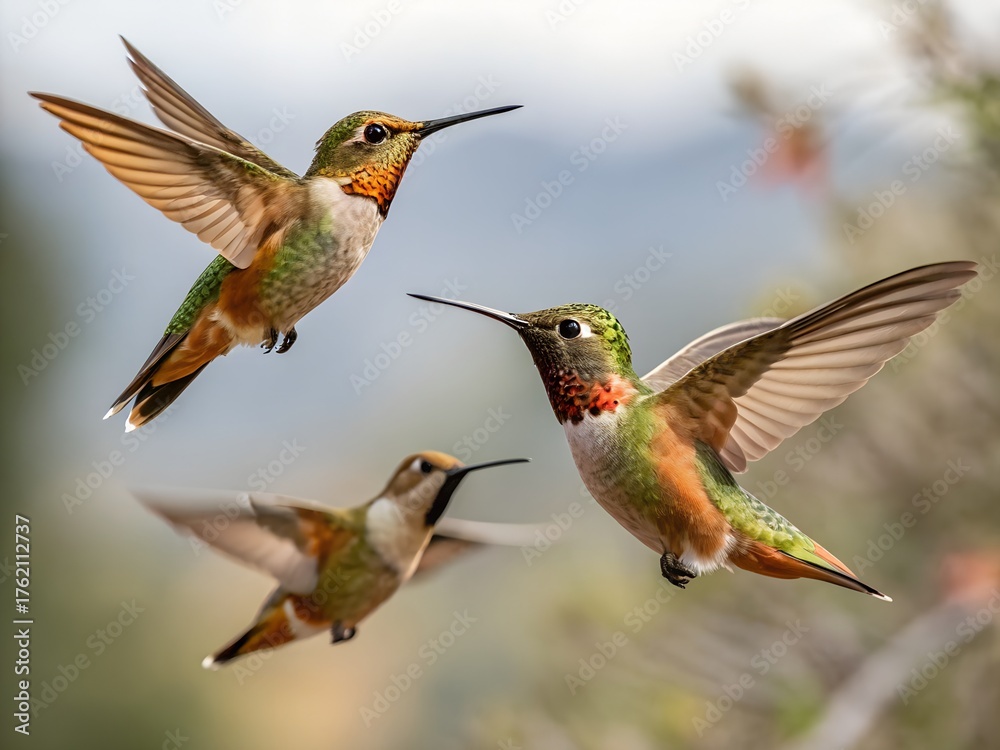 Obraz premium Flock of Buff-bellied Hummingbirds isolated flying