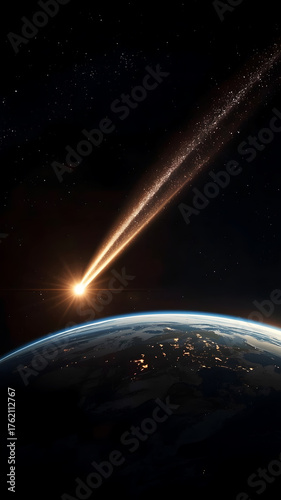Comet fly near planet Earth. Sparkling and shiny tail on black outer space sky. Vertical picture.