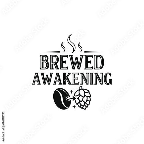 Vector art of brewed awakening design featuring coffee bean and hop cone for coffee and beer lovers