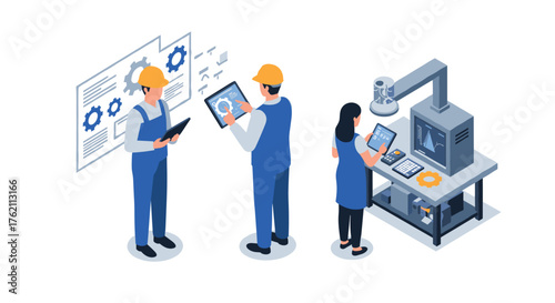 Pottery crafting process with artisans in an isometric modern studio setting