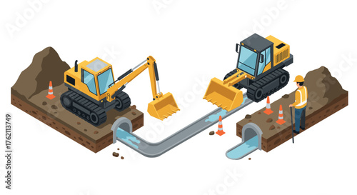 Elderly potter crafting on wheel in studio, isometric style