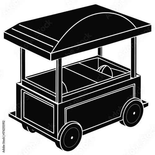 Black and white illustration of a food cart with canopy