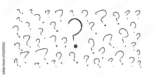 Hand-Drawn Question Mark Doodle Background: Chaotic Sketch Pattern of Multiple Inquiry Symbols with One Large Central Mark, Representing Confusion, Search, FAQ, and Problem Solving