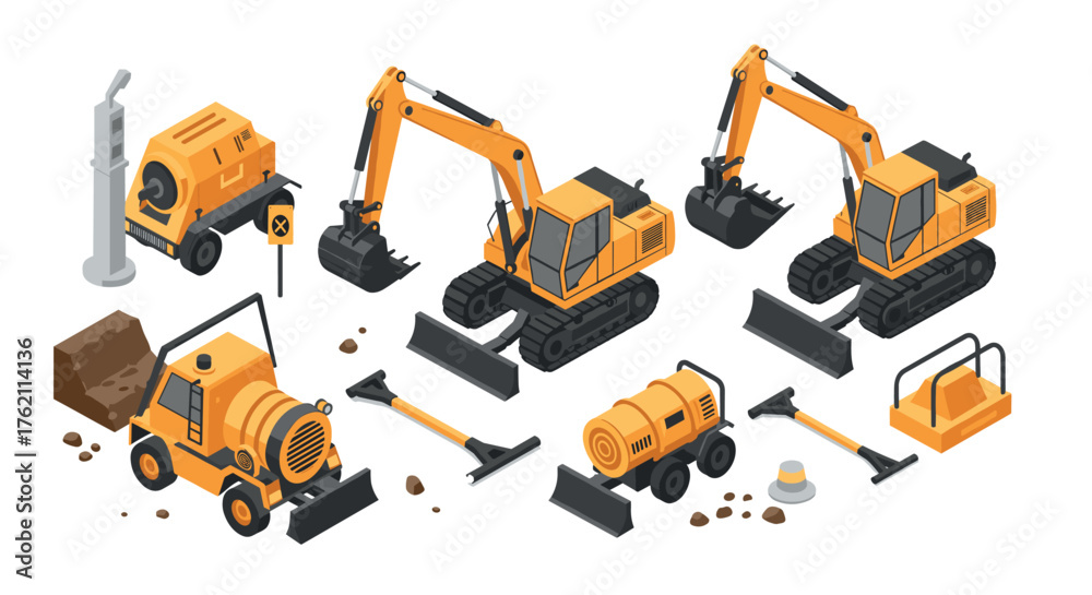 Fototapeta premium Isometric construction equipment set excavators, cement mixer, and more
