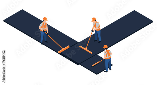 Construction workers paving road isometric style with safety gear