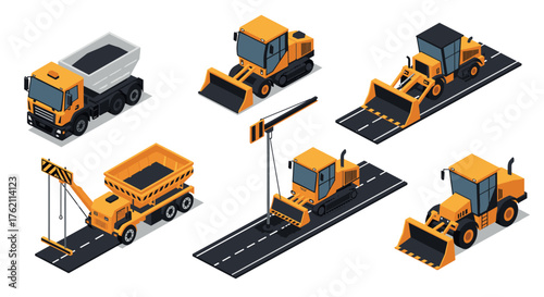 Isometric construction vehicles and equipment set on white background