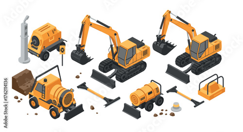 Isometric construction equipment set excavators, cement mixer, and more