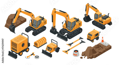 Isometric construction machinery set with excavators and tools
