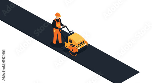 Construction worker operating road roller on fresh asphalt in minimalist isometric design