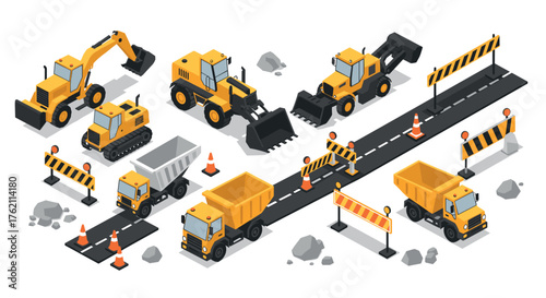 Isometric construction vehicles and equipment set with traffic barriers and cones