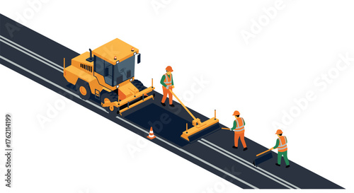 Road construction crew paving new road with heavy equipment in isometric style