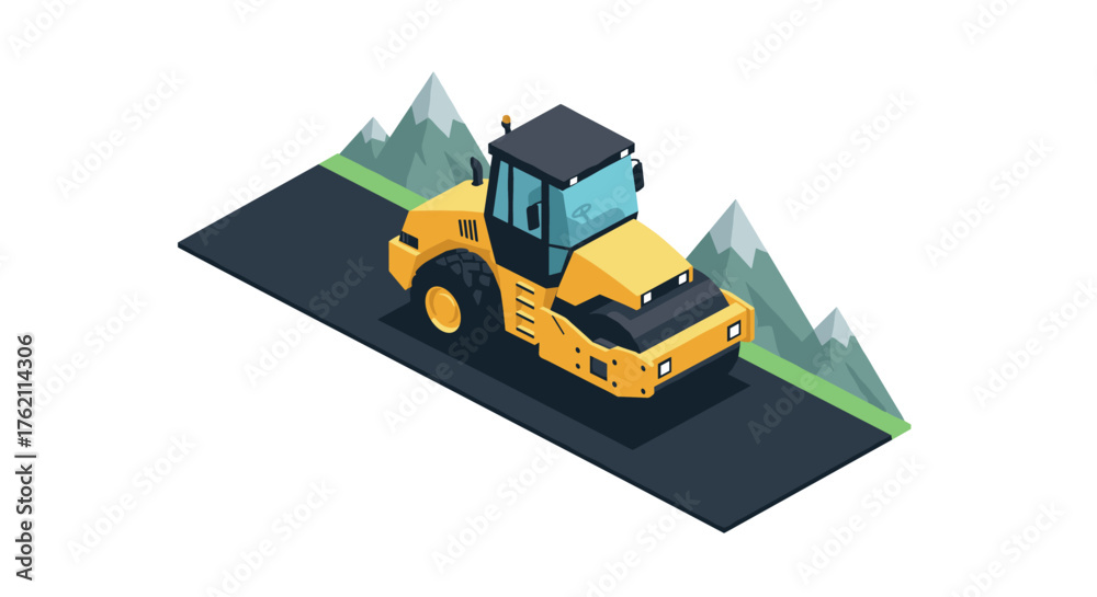 Naklejka premium Isometric road roller on highway with scenic mountain background