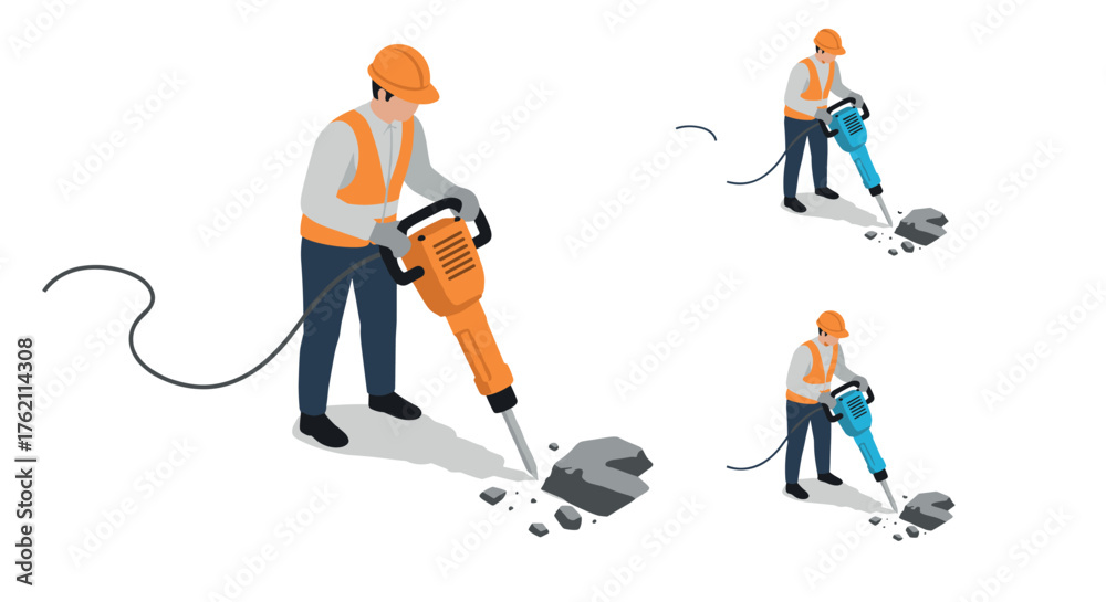Fototapeta premium Construction worker operating jackhammer in isometric style on white background