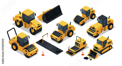 Construction vehicles isometric set featuring modern machinery and equipment for roadwork and building projects