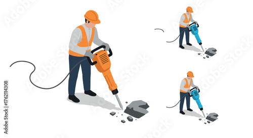 Construction worker operating jackhammer in isometric style on white background