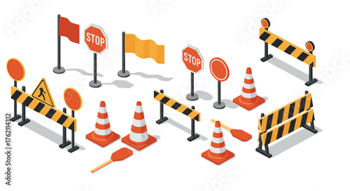 Isometric traffic safety equipment collection with cones and barriers