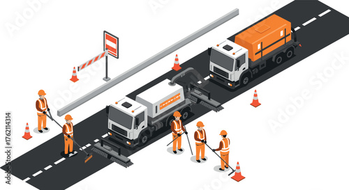 Isometric roadwork scene with construction workers and machinery on highway