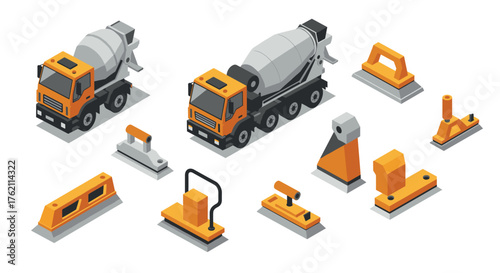 Isometric cement truck and construction barriers collection