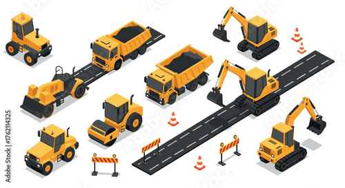 Isometric construction vehicles and roadwork scene with machinery and equipment
