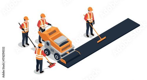 Construction workers paving road with machinery and tools in isometric style